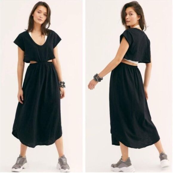 Free People Beach Marigold Cutout Slub Midi Dress Black- Size XS - Picture 1 of 9